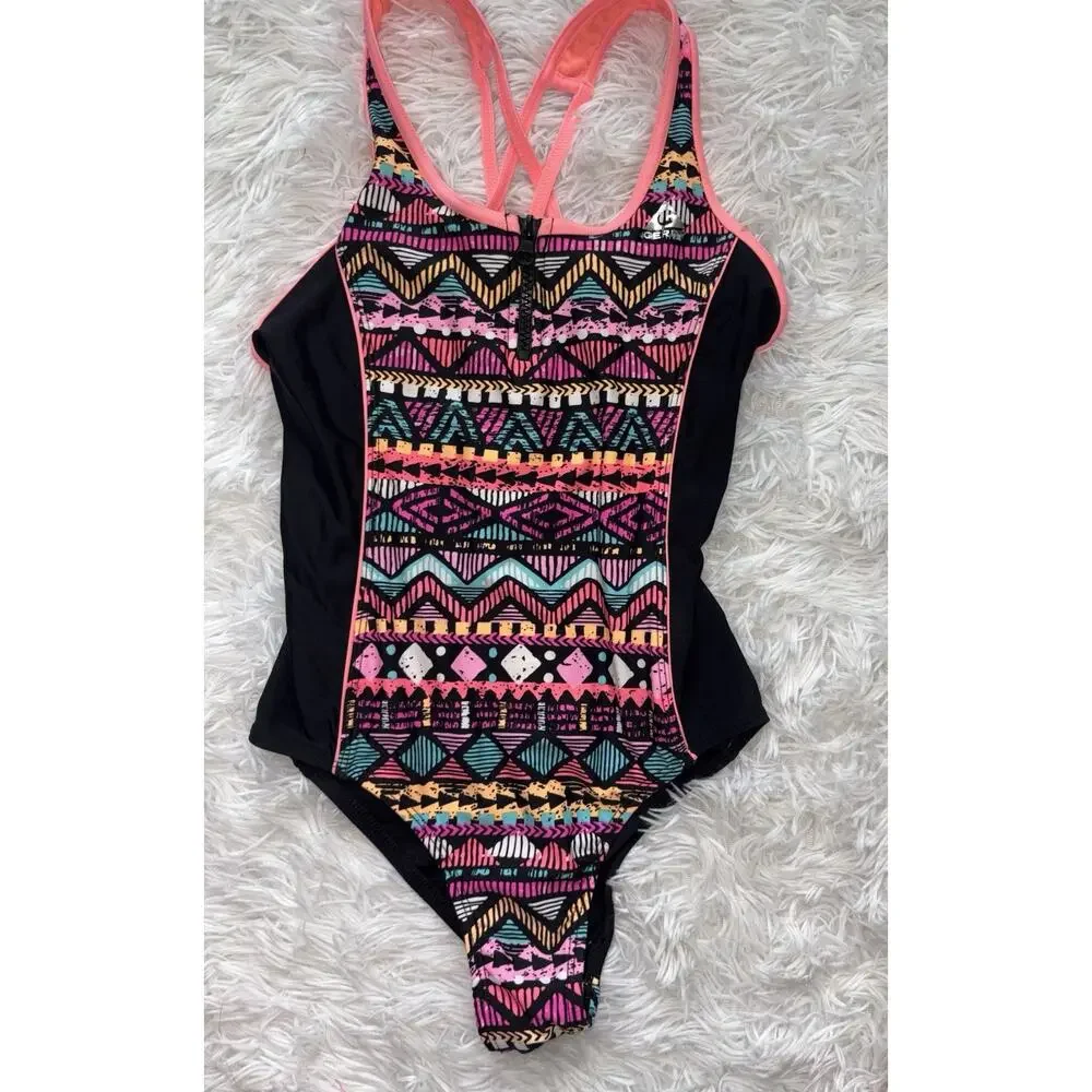 Gerry Girls 10/12 One Pc. Black “zipper” Design Vibrant Swimsuit. Cute, Nt. Desc